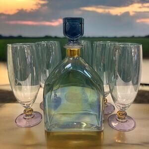 Iridescent Italian Decanter Set w/ 5 Glasses Illusions Italy Blue Lavender Glass